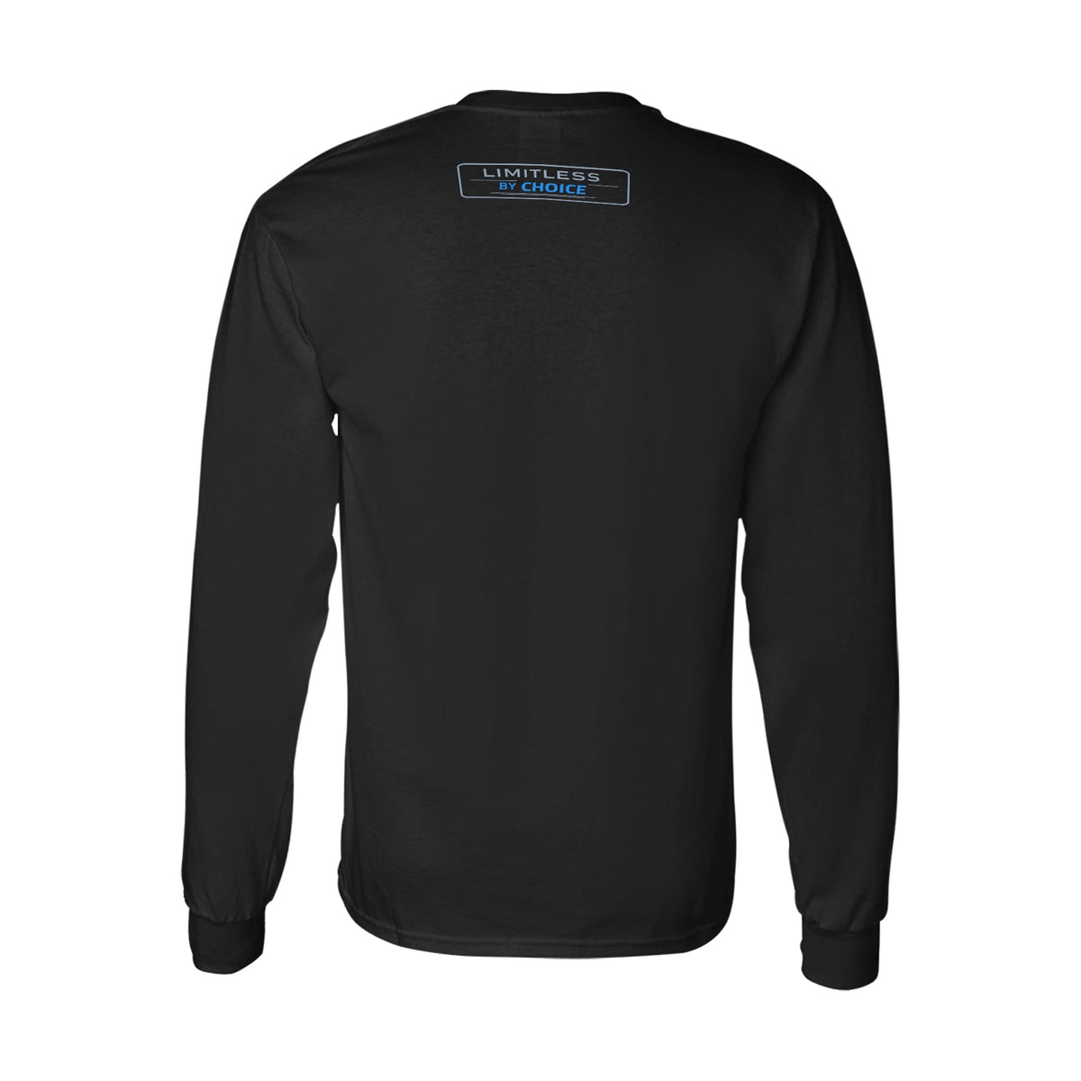 Sweatshirt preta de manga comprida, com gola e punhos pretos e inscrição Limitless By Choice, vista de costas.