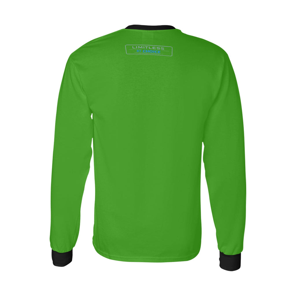 Sweatshirt verde de manga comprida, com gola e punhos pretos e inscrição Limitless By Choice, vista de costas.