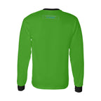 Sweatshirt verde de manga comprida, com gola e punhos pretos e inscrição Limitless By Choice, vista de costas.