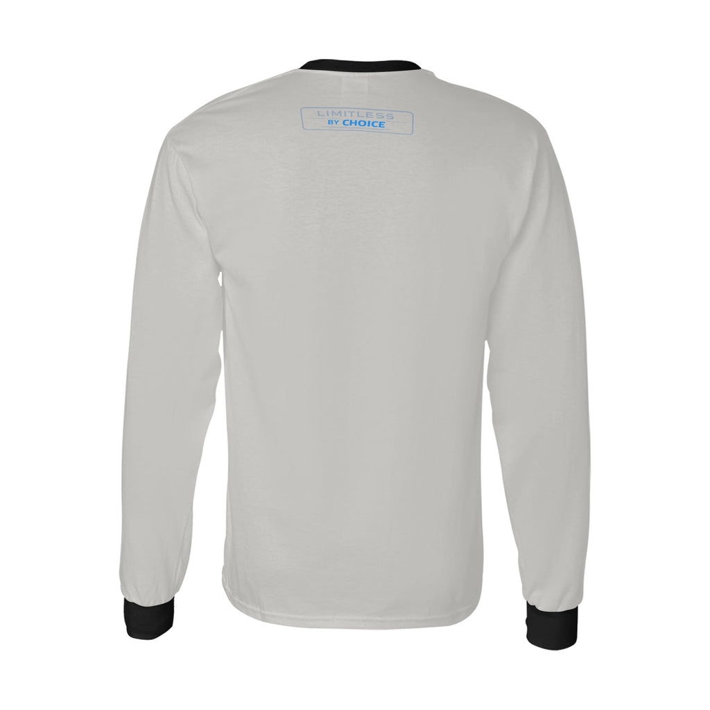 Sweatshirt cinzenta de manga comprida, com gola e punhos pretos e inscrição Limitless By Choice, vista de costas.