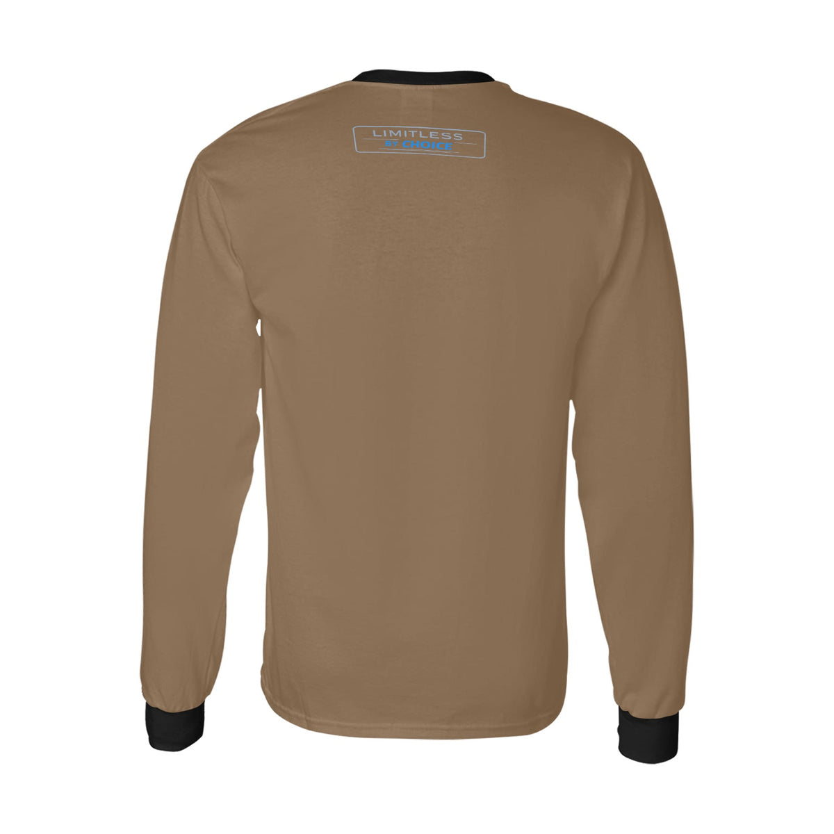 Sweatshirt castanha de manga comprida, com gola e punhos pretos e inscrição Limitless By Choice, vista de costas.