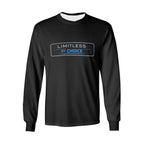 Sweatshirt preta de manga comprida, com gola e punhos pretos e inscrição Limitless By Choice, vista de frente.