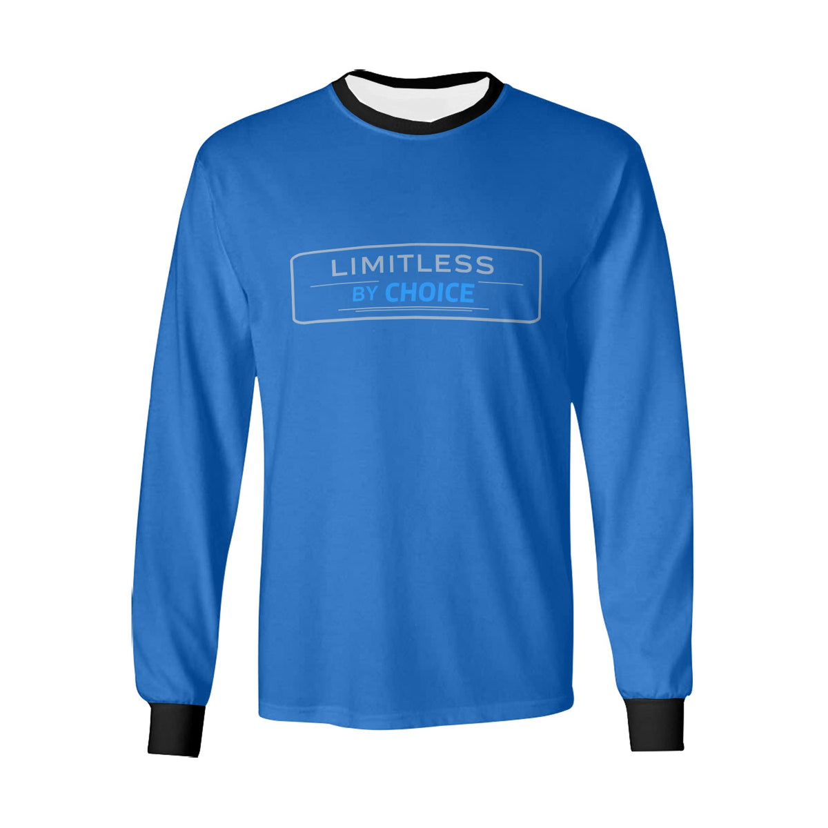Sweatshirt azul de manga comprida, com gola e punhos pretos e inscrição Limitless By Choice, vista de frente.